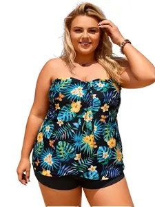 Plus Size Bandeau Tankini Swimsuit for Women Two Piece Swim Top with Shorts Flyaway Tummy Control Bathing Suits