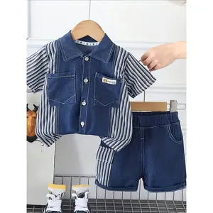 NewBoys' Casual Fashion 2pcs Set, New Summer Style Boys' Short-Sleeve Denim Outfit with Vertical Pockets and Bear Head Design, Perfect for Outdoor(Gift)11Beautiful clothes