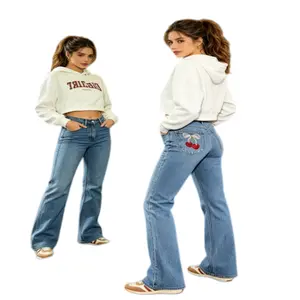 Women's Blue Cherry Embroidered Mid-Rise Stretchy Wide Leg Jeans - Slim Waist, Small/Medium/Plus Sizes, Casual Trouser, Womenswear Bottom