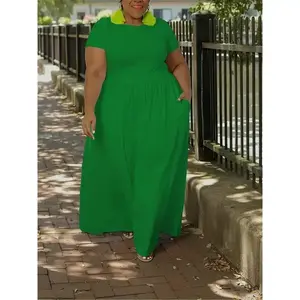 Women's plus size maxi dress-solid, short sleeve, medium stretch, elegant long dress for casual wear Summer Fit(Sheet)