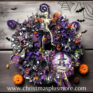 Halloween Skeleton Wreath,  Purple Halloween Wreath Tomb Stone Wreath