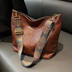 Women’s Large-Capacity Tote Bag with Wide Geometric Strap, Brown Synthetic Leather Shoulder Bag for Everyday Use