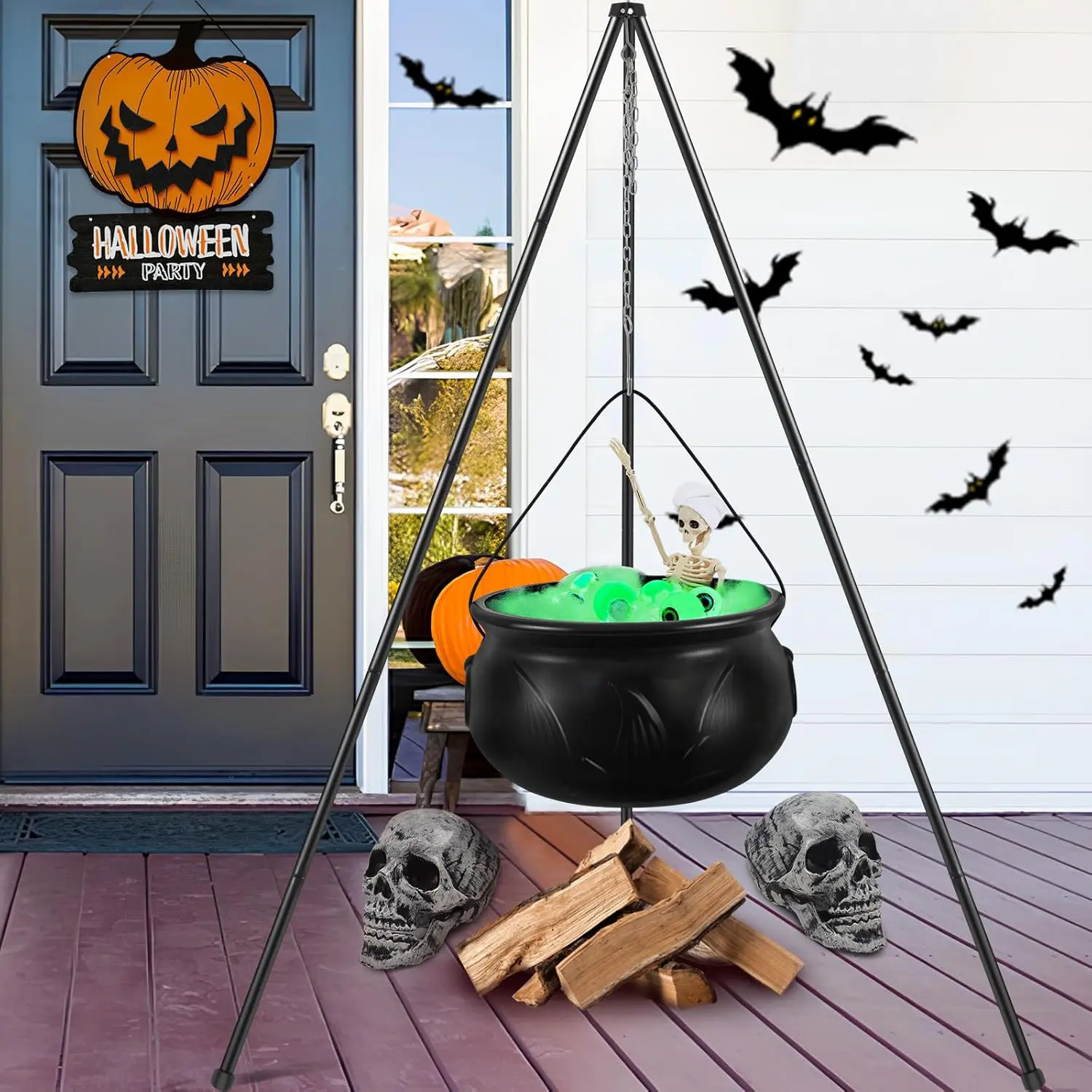 Halloween Witch Cauldron Decorations, Large Outdoor Garden Decoration with Lights, DIY Indoor Halloween Props, Family Porch Home Decor, Spooky