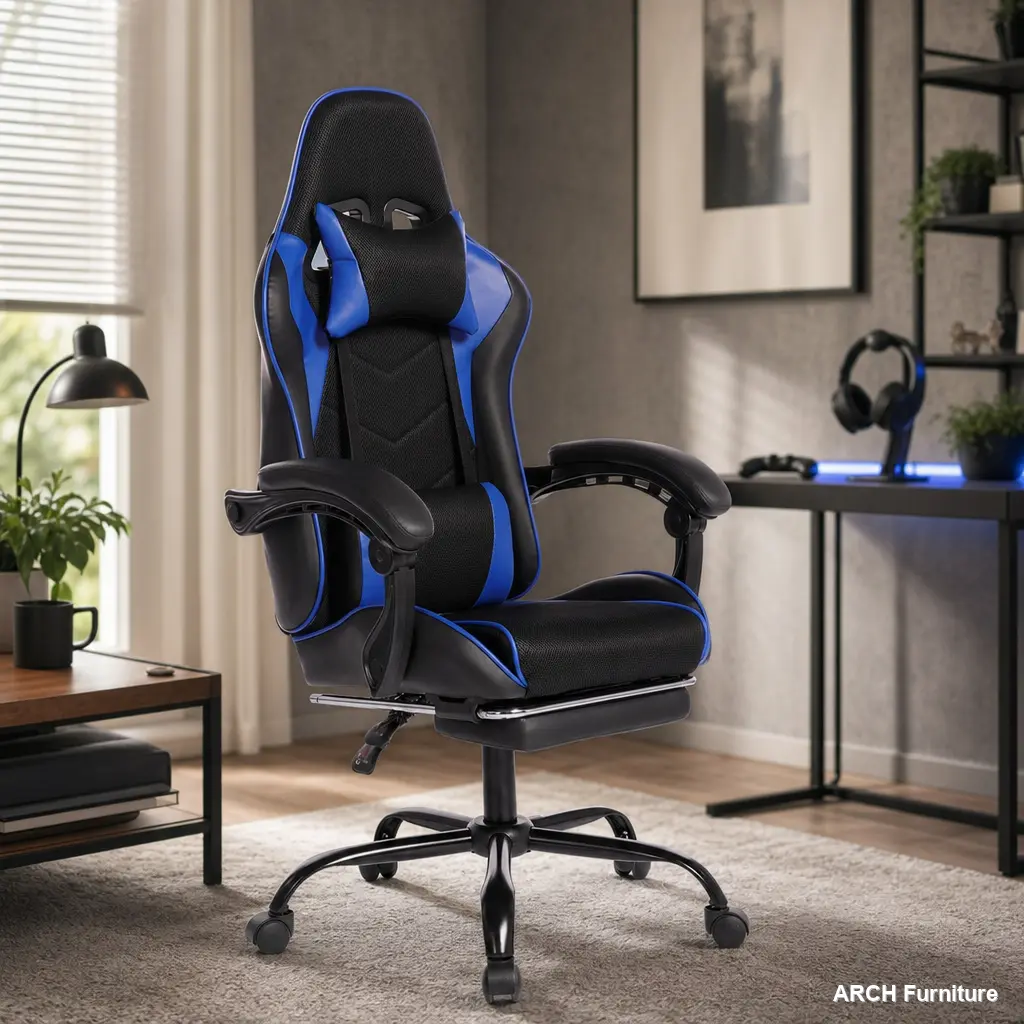 ARCH Ergonomics Sturdy PU (Polyurethane) Metal-Frame Gaming Computer Chair - Reclining Racing Sports Car-Style Seat, Molded Foam, Massage Function, Footrest, Video Game Chair for Office Use & Strain Reduction, Reclining Game Chair
