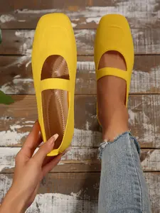Women's Solid Color Knit Square Toe Mary Jane Shoes, Low Heel Flat Casual Footwear, Comfortable Daily Wear, Elegant Design