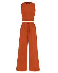 BTFBM Summer Outfits For Women 2026 Ribbed Sleeveless Tank Tops Wide Leg Pants 2-Piece Sets Lounge Set Clothing