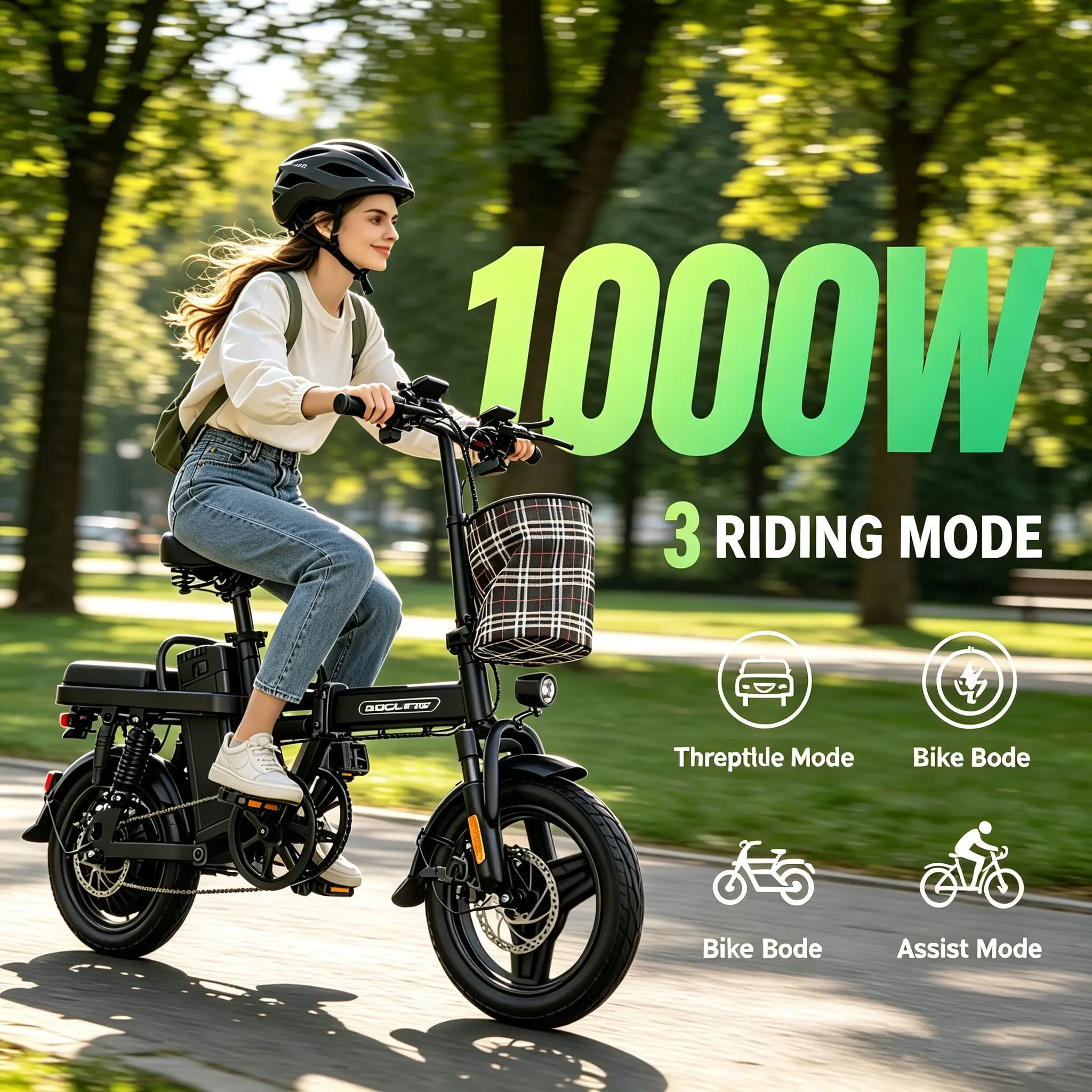 14-Inch Z1 Foldable Carbon Steel Step-Through City Bike for Adults (1000W & Above), 48V 15Ah Removable Battery, 48-mi Range, Dual Disc Brake System, LED Display, Remote Lock for Urban Commute & Outdoor Riding