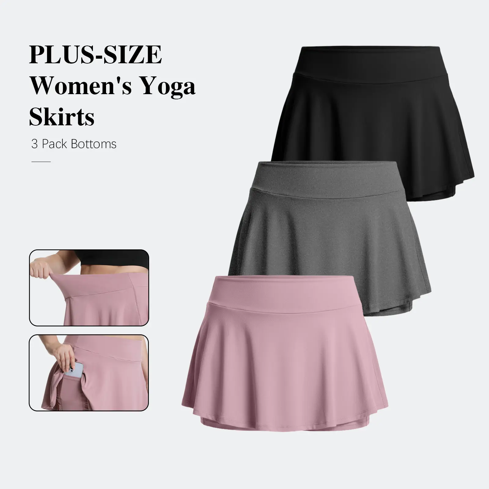 Women's Plus Size 3-Pack Athletic Skirts with Pockets Shorts - High Waisted Casual Sporty Skorts, Active Sport Skort, Mini Skirt with Shorts and Pockets for Tennis, Golf
