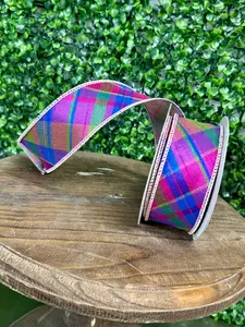 1.5 Inch By 5 Yard Magenta Plaid Diagonal Dupioni Deluxe Wired Edge Ribbon