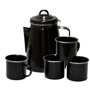Enamel 8-Cup Percolator Coffee Pot and 4-Mug Set - Coffee Maker with 12oz Mugs - Percolator Stem Included - Baked Enamelware for Camping, Hiking, RV & Cabin