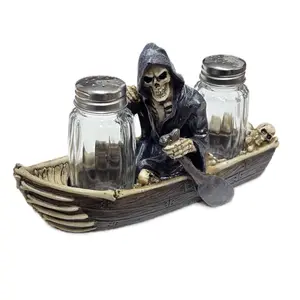 Santa Muerte Grim Reaper Boat Salt & Pepper Shaker Set Unique Gothic Kitchen Decorative Skeleton Figurine