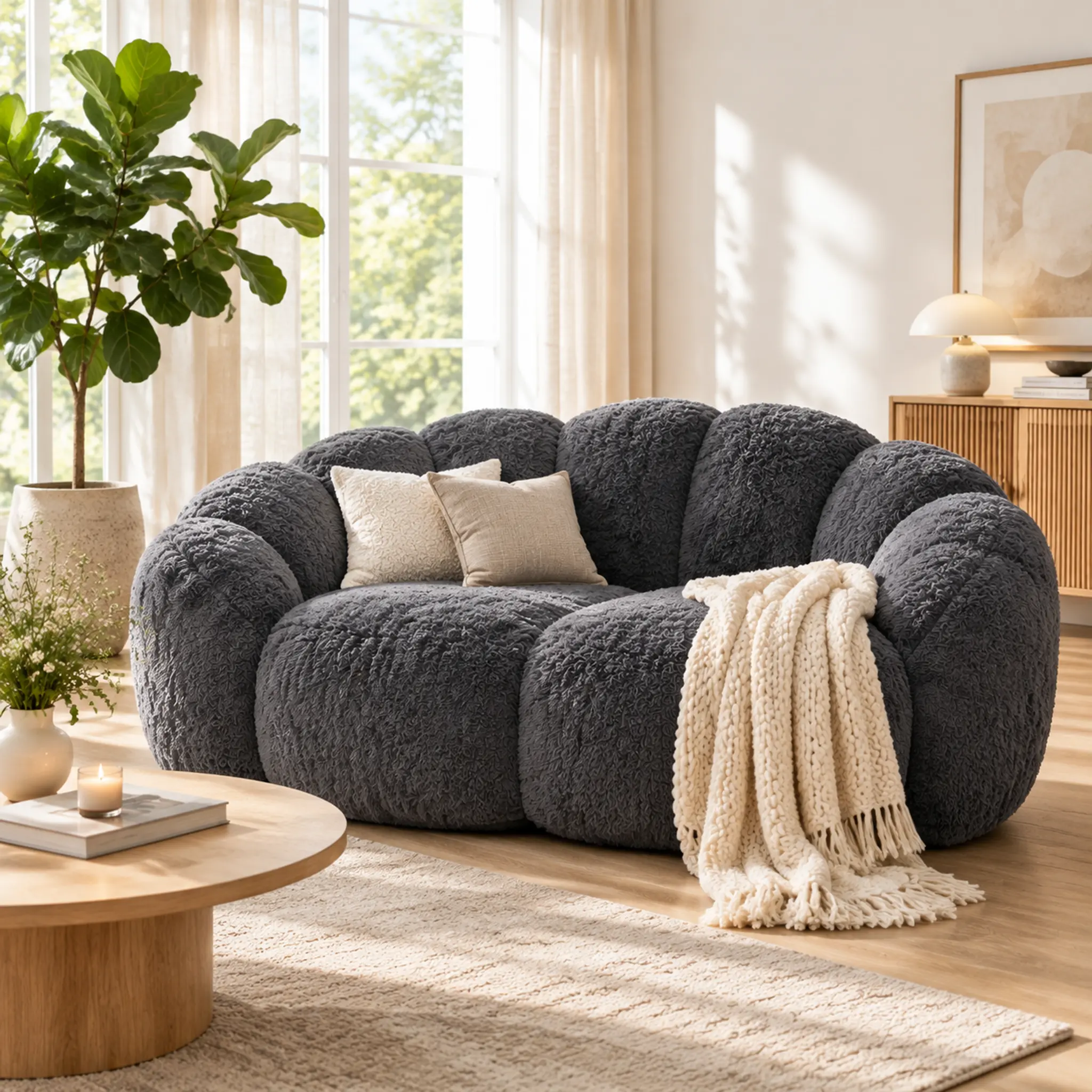 Giant Bean Bag Chair Loveseat, 53" Fluffy Bouclé Beanbag Sofa with Petal Design, Memory Foam Double Floor Lounge Couch for Adults Living Room Bedroom Movie Night