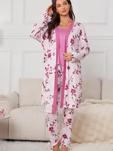 Women's Milk Silk Sleepwear Pajama Set, Elegant Literary Style Chic Floral Open Front Robe, Soft Comfortable Home Wear, Long Sleeve Top & Pants Loungewear