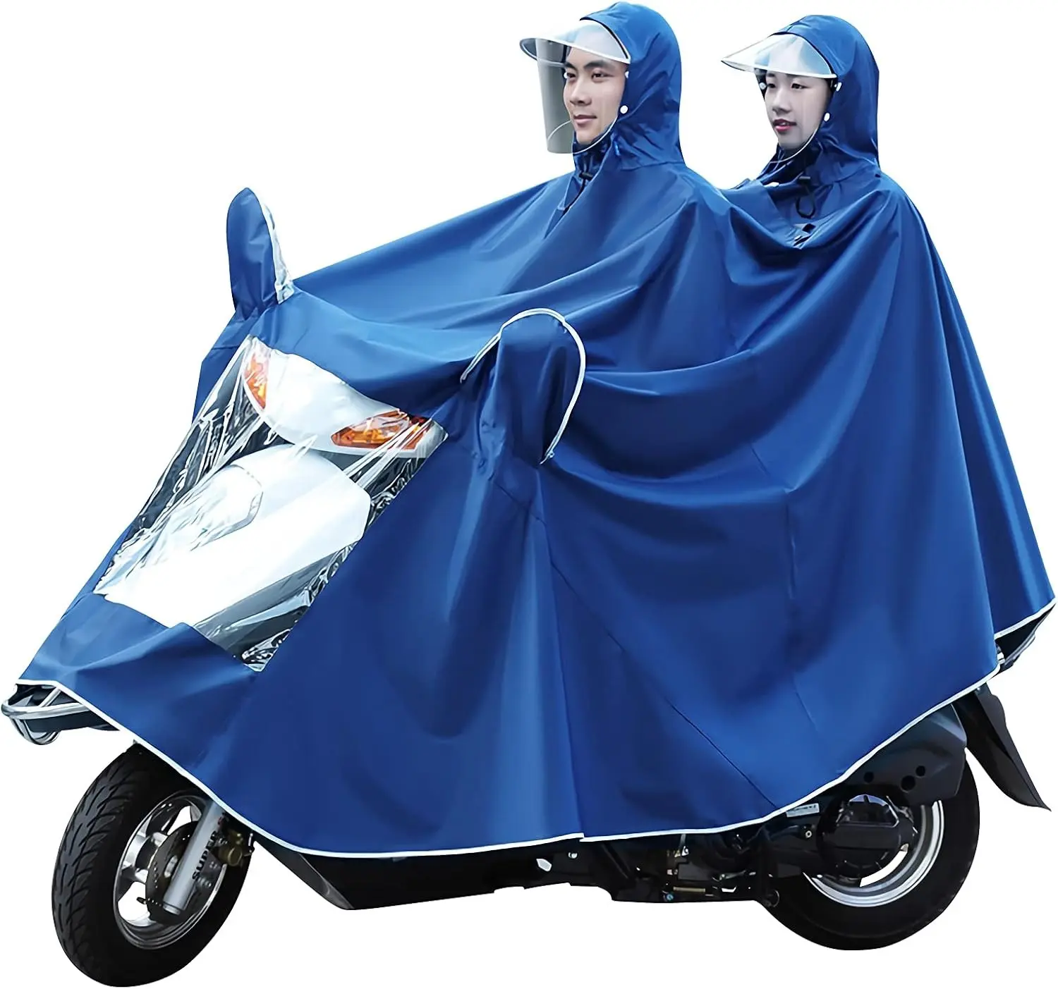 haozaikeji Motorcycle Raincoat for Two, Waterproof Hoodie Rain Cape Mobility Scooter Outdoor Rain Poncho Universal Bike E-bike Rain Coat with Detachable Hat Brim Reflective Strip for Double Ride