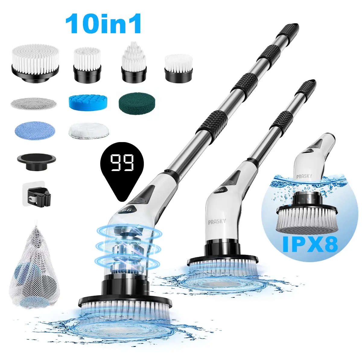 PRASKY Electric Spin Scrubber,Cordless Shower&Pool Scrubber with 9 Replacement Heads, 2 Speed with Adjustable Extension Handle, Battery Level Display, Power Scrubber for Bathroom Bathtub Tile Car