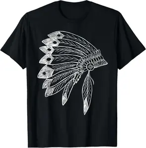 USA Native American Feather Headdress Native Indian T-Shirt plussize graphic tees，top，100%cotton Black Vintage