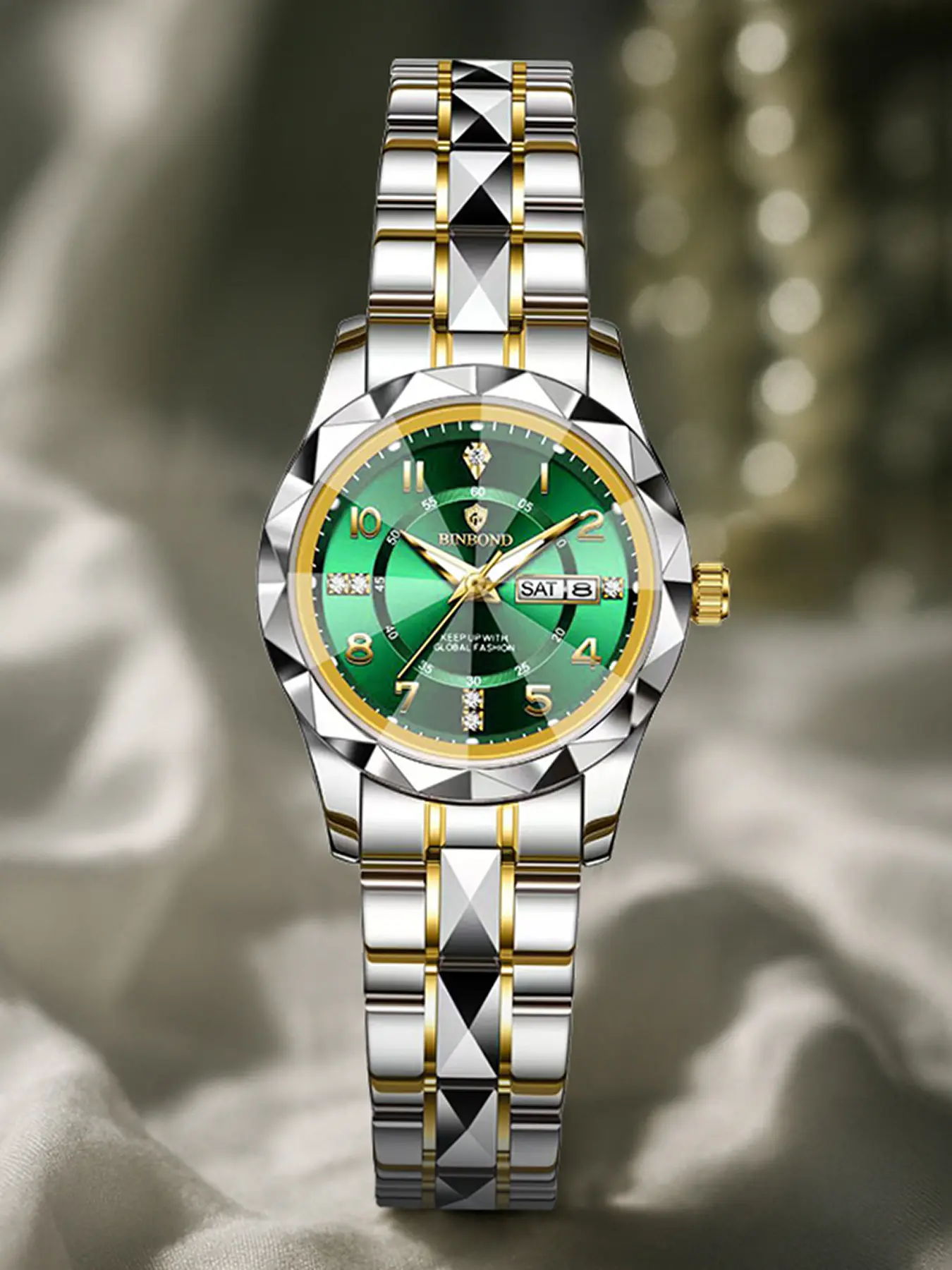 A ladies' room gold steel strip 3D diamond mirror couple business Korean version leisure style weekly calendar night light waterproof quartz watch Fashionable Stylish Watch Modern Fashionable Wristwatch