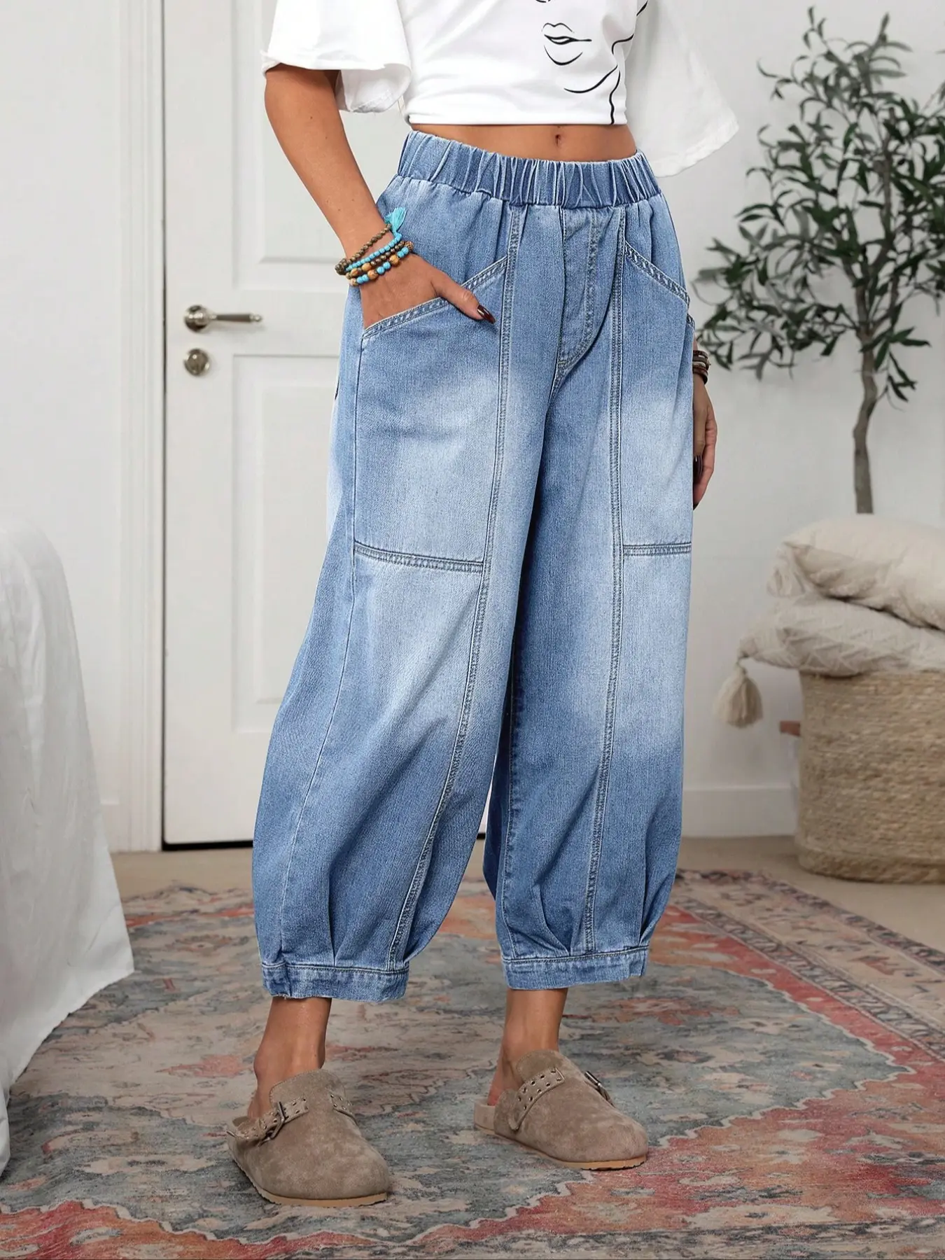 Women's Plaid Baggy Loose-Fit Woven Denim Jeans Pants, Light Wash Streetwear Casual All-Seasons Comfortable Pocket Design, Perfect for Everyday Wear & Outdoor Activities