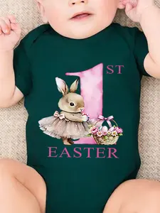 Baby girl newborn cute short sleeved crawling suit "ST 1 EAST" cartoon print, suitable for both male and female babies, perfect pregnancy gift, baby triangle jumpsuit