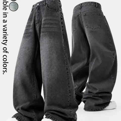 Men's Baggy Denim Jeans - Vintage Washed, Distressed Wide-Leg, H-Type, Korean Style, Pocketed Trousers for Teen Boys & Men (All-Season, New Year, Party Wear)