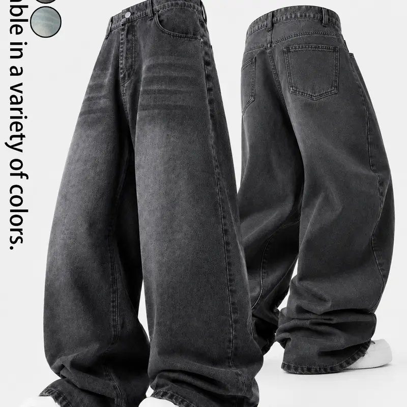 Men's Baggy Denim Jeans - Vintage Washed, Distressed Wide-Leg, H-Type, Korean Style, Pocketed Trousers for Teen Boys & Men (All-Season, New Year, Party Wear)