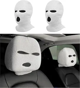 2 PCS Car Headrest Cover Fun Face Mask Design Protective Plush Material Universal Fit for Auto Front Seat Rest Decoration White Vehicle Accessories