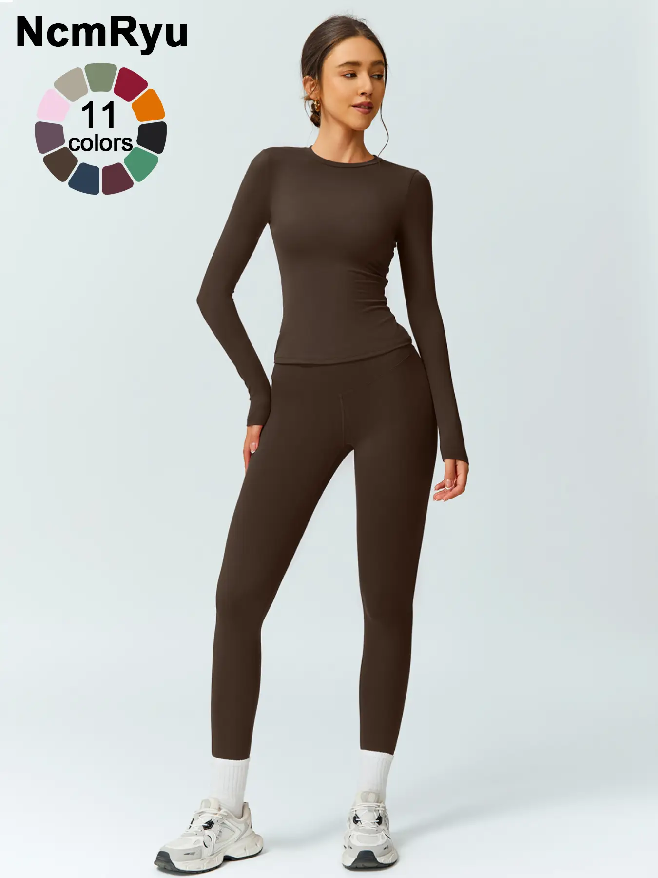 Two-Piece Set Women's Patchwork High Elastic Soft Round Neck Flat Shoulder Long Sleeve Slim Fit Beautiful Hip Tight Pants Yoga Clothes suit Four Seaso