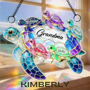 Personalized Turtle Suncatcher For Grandma, Custom Name Window Hanging Stained Glass Ornament, Mothers Day Gift For Mom Grandkids