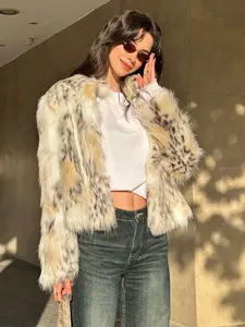 Women's Winter Coat Printed Faux Fur Long Sleeve Jacket, Stand Collar Fashionable Luxury Layered Outerwear, Stylish Cold Weather Clothing