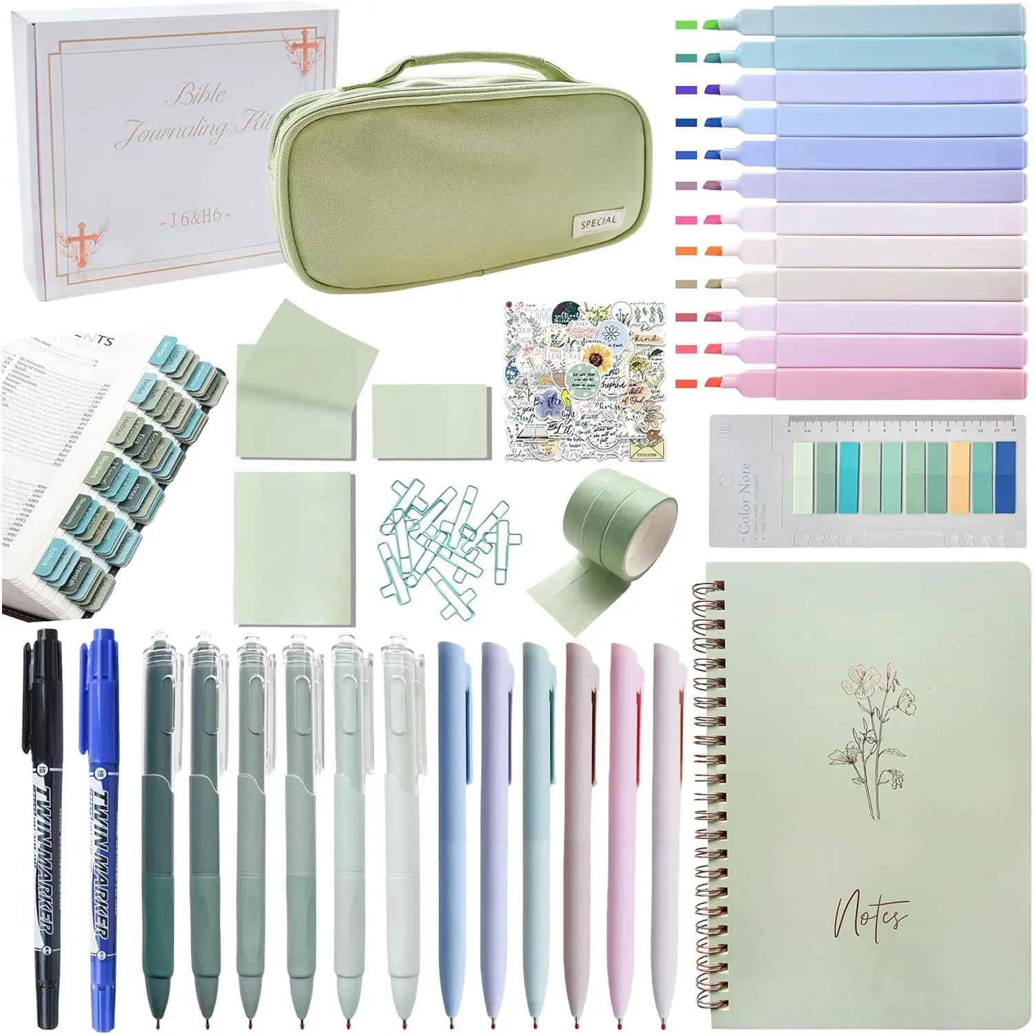 Study Supplies Journaling Kit with Tabs, Highlighters and Color Pens, Notebook,Stickers & More 56 count  Accessories Set for Women, Beginner Christian Gifts.(Green)