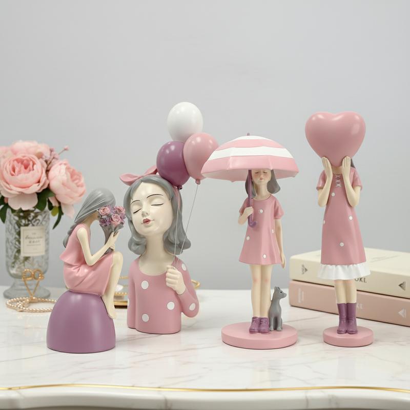 Charming Pink Girl Statue Set - Cute Resin Home Decor, Tabletop Ornament, and Sweet Gift, perfect for placing on a desk or shelf, and an ideal birthday gift for best friends and loved ones.