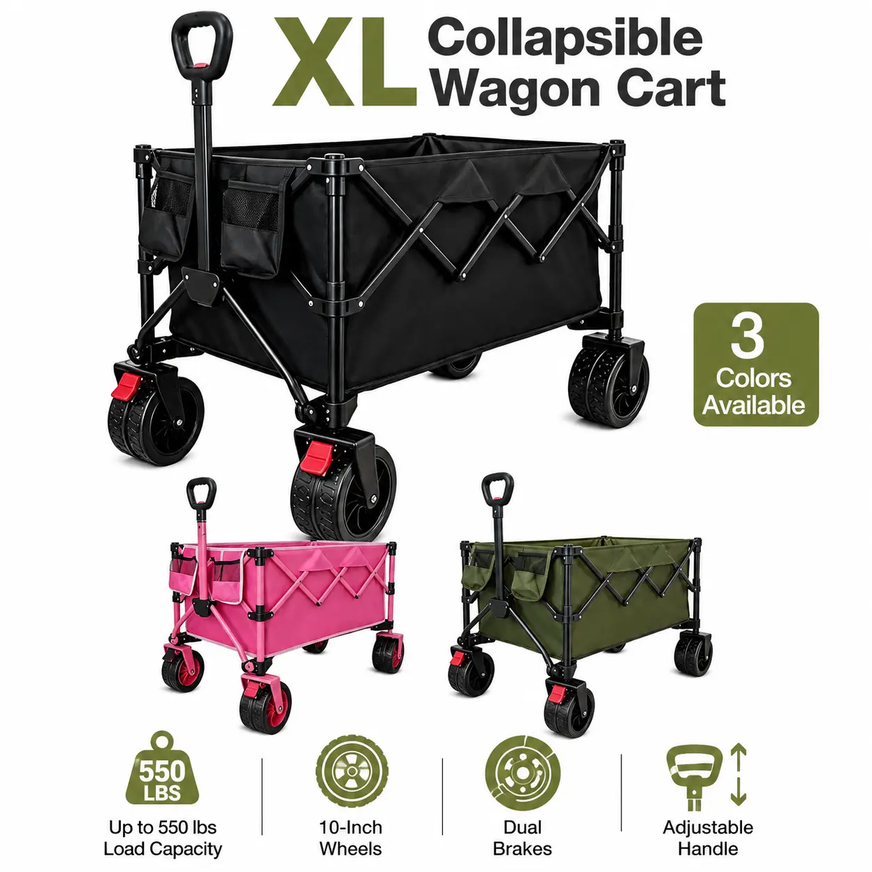 Foldable Heavy Duty Garden Utility Wagon Cart, Large Capacity Collapsible Outdoor Trolley with All Terrain Wheels for Gardening Supplies, Plants, Beach & Groceries