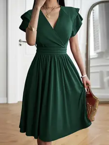 Women's Plain Ruffle Trim Wrap V Neck A Line Dress, Elegant Chic Layered Sleeve Midi Dress for Party Holiday Wedding Guest, Ladies Summer Clothes