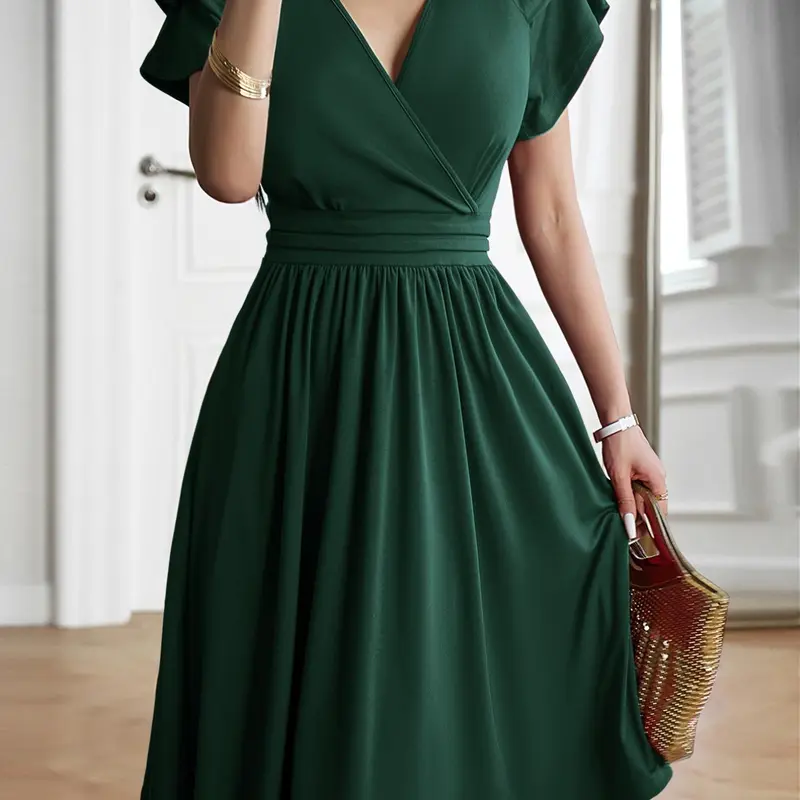 Women's Plain Ruffle Trim Wrap V Neck Fitted A Line Dress, Elegant Chic Layered Sleeve Midi Dress for Party Holiday Wedding Guest, Ladies Summer Clothes Womenswear, Elegant Dresses