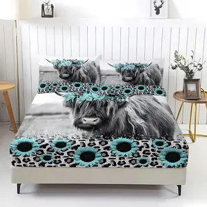 Fitted Sheet Set: Highland Cow & Sunflower Fitted Sheet Set, Boho Floral & Leopard Print Bedding, Soft Microfiber Fitted Sheet + 2 Pillowcases, All-Season Breathable & Wrinkle-Resistant Bedding Essentials for Home, Dorm, and Guest Rooms. No Filling.