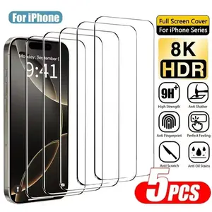 5pcs HD Screen Protectors Compatible with iPhone 17/16/15/14/13/12/11/Pro Max/Pro/Plus/Mini/17 Air/16e/X/XS/XR/XS MAX,Full Coverage Protection,Offering High-Definition,Features Upgraded 9H Hardness,Scratch Resistance