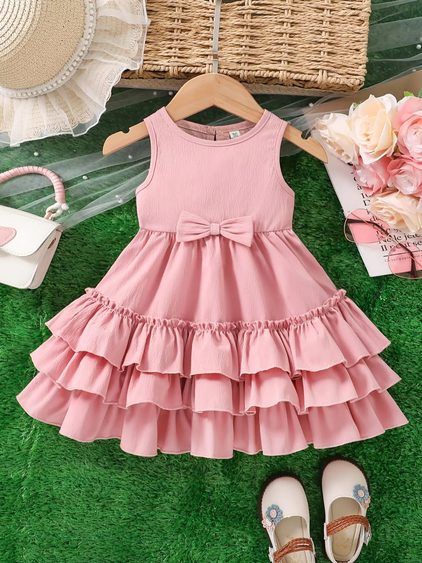 Girl's Solid Bow Decor Ruffle Trim Dress, Cute Casual Sleeveless A Line Dress for Summer, Kids Clothes for Daily Wear