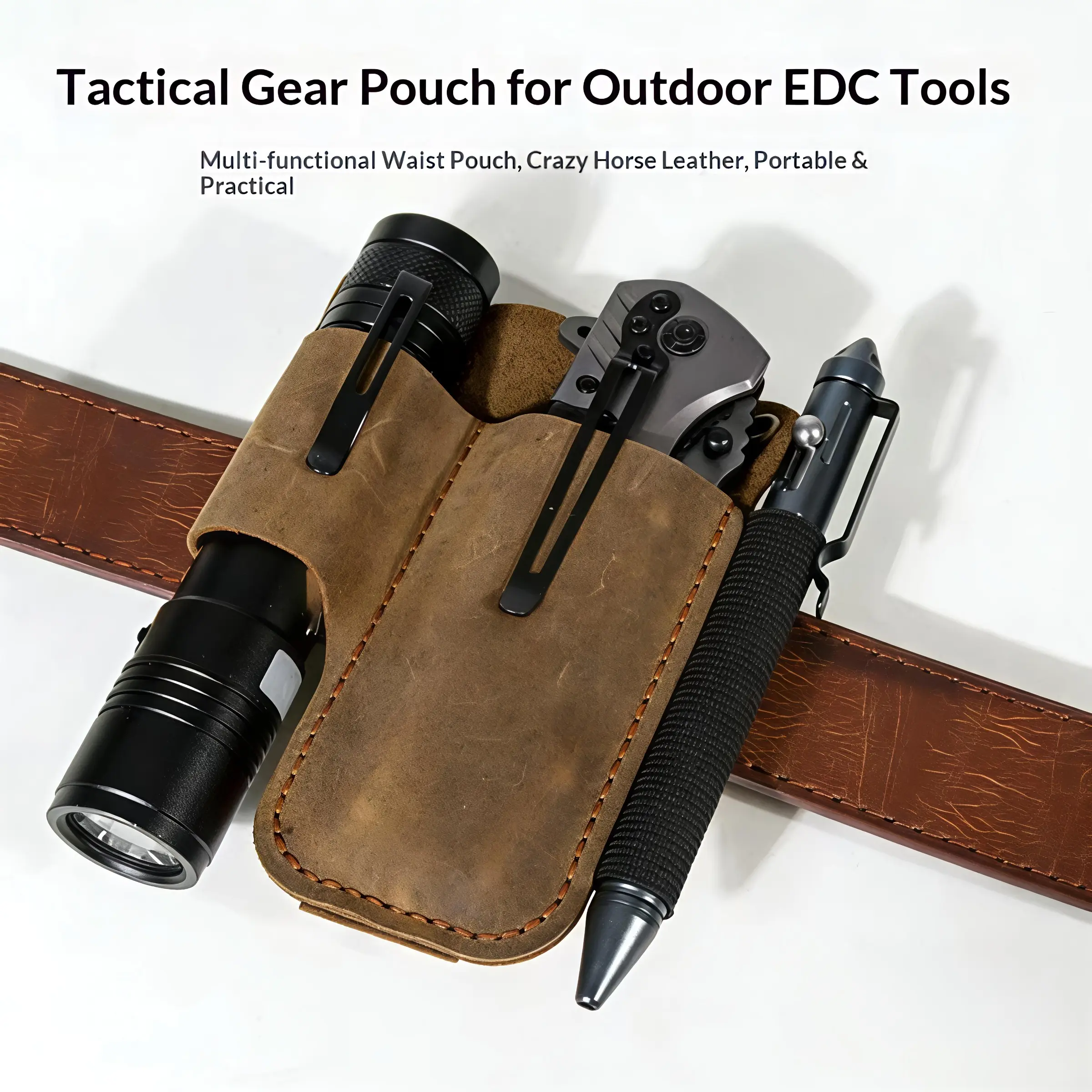 1pc Handmade EDC Waist Pouch, Crazy Horse Leather/PU Belt Bag for Men, Durable Flashlight & Knife Holder, Must-Have Outdoor Survival & Everyday Carry Gear, Hiking Accessories, Waist Slip Pocket