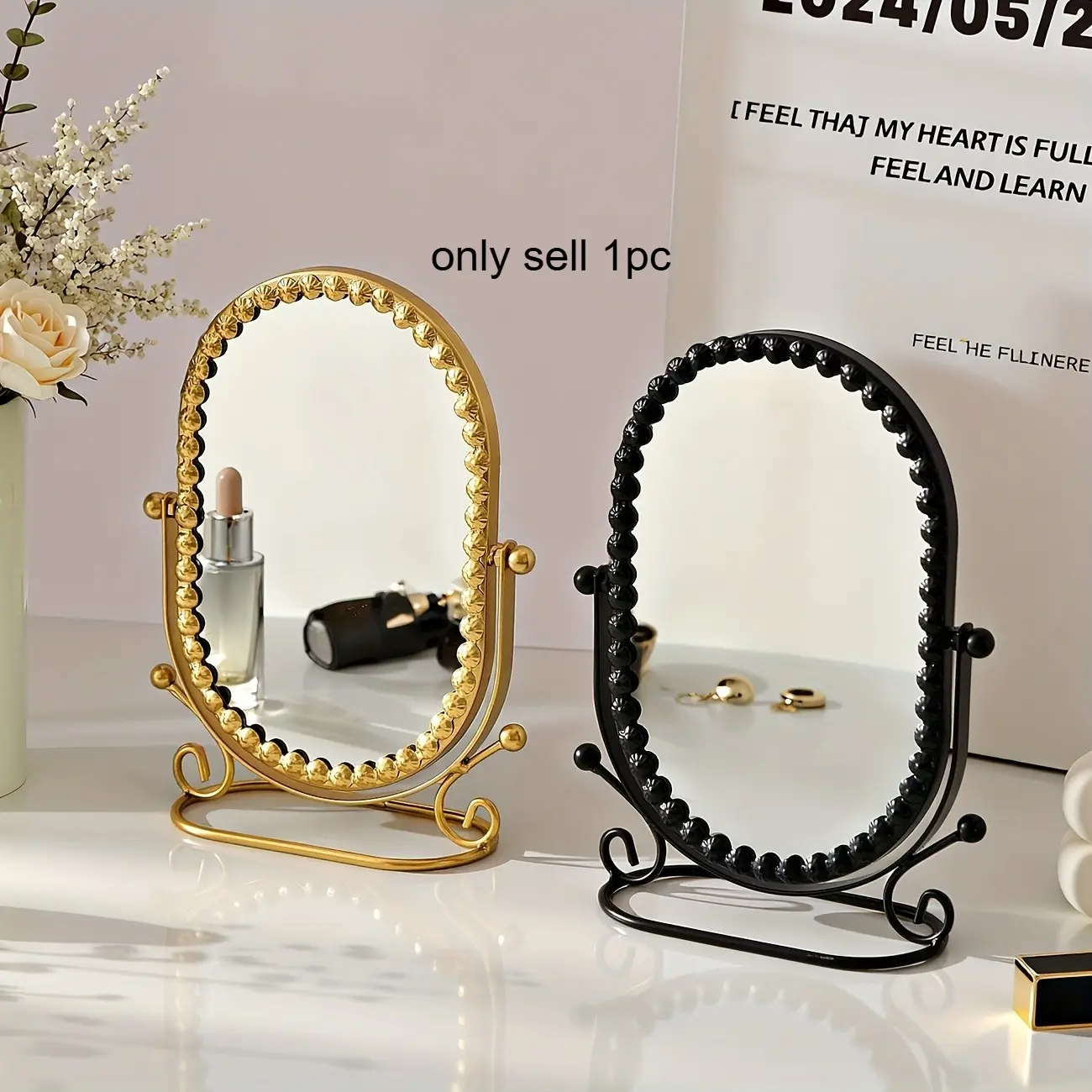 [Vintage Makeup Mirror] Light Luxury Vintage 1pc Personal Makeup Mirror | Oval Metal Frame with Lace Shell Design, 360° Rotatable - for Vanity, Bathroom, Dorm, Bedroom Decorative Mirror