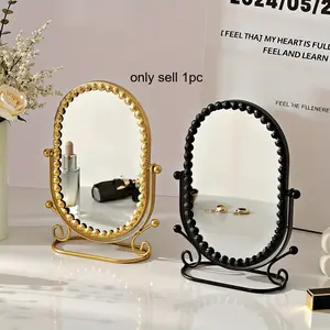 [Vintage Makeup Mirror] Light Luxury Vintage 1pc Personal Makeup Mirror | Oval Metal Frame with Lace Shell Design, 360° Rotatable - for Vanity, Bathroom, Dorm, Bedroom