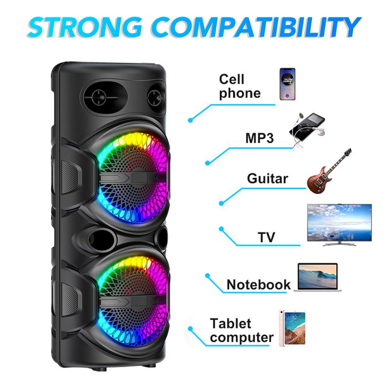 Portable Bluetooth Speaker Dual 8 inch Subwoofer Party Speaker Rechargeable With Microphone LED Light FM Remote Control Sound System