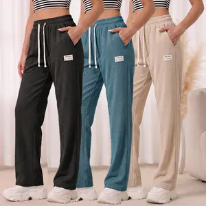 Women's Loose Fit Corduroy Pants, Elastic Waist Drawstring Casual Trousers with Label Patch for Everyday Comfort