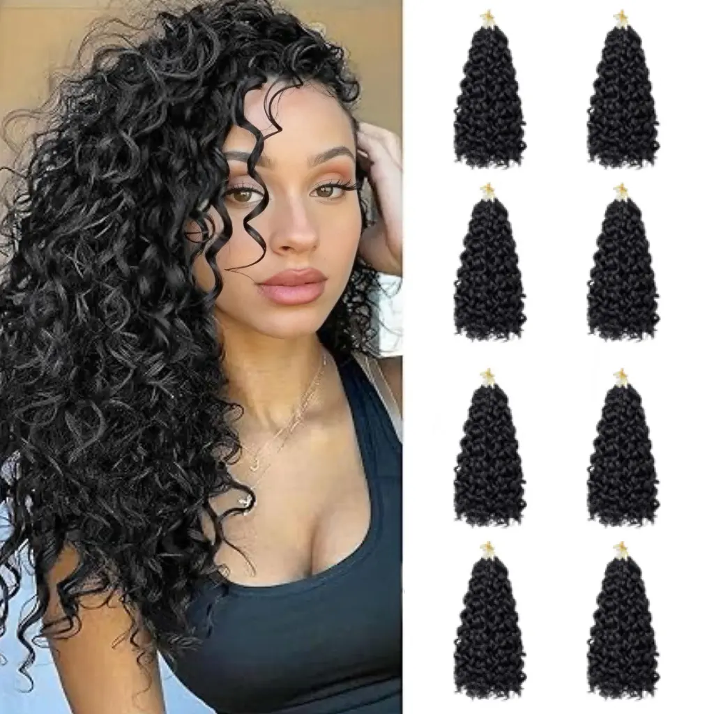 8 Packs GoGo Curly Crochet Braids Hair Yxcheris Deep Wave Braiding Synthetic Bohemian curly crochet hair 18inch 1B  Bouncy Curls Natural Sheen Easy Install Crochet Hairsyrle Curly Crochet Braids Hair For Knotless Braided Wigs