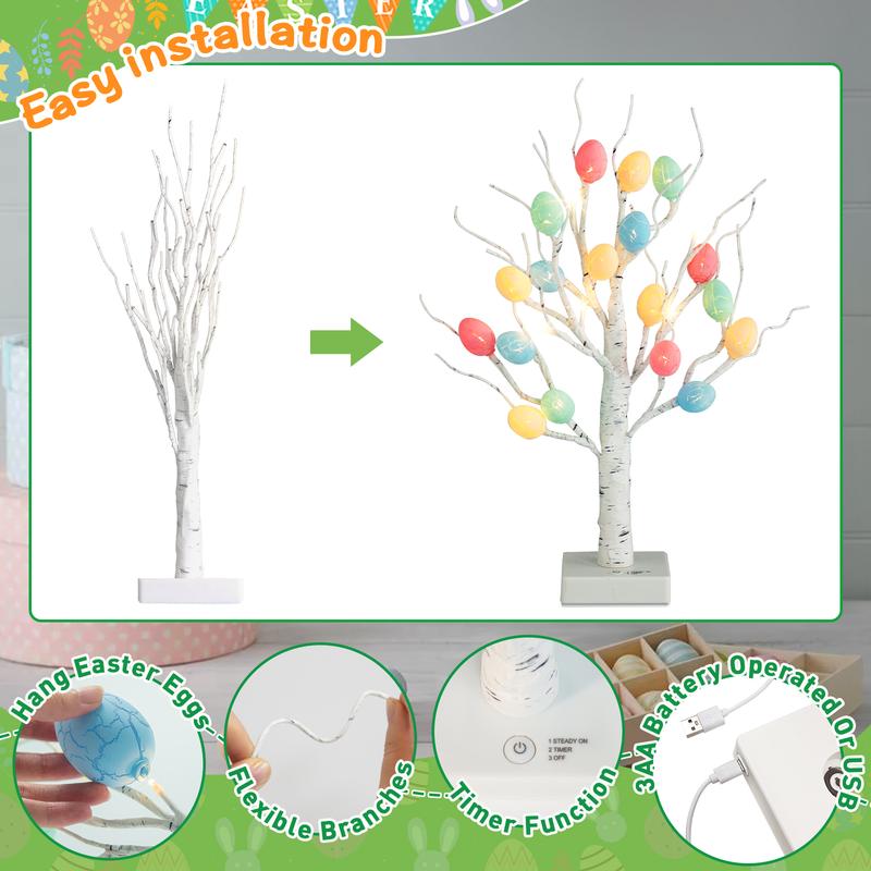 EAMBRITE Easter Decorations 22" Lighted Tabletop Tree with 18 Cracked Eggs White Birch Design USB Battery Powered for Indoor Home Spring Decor