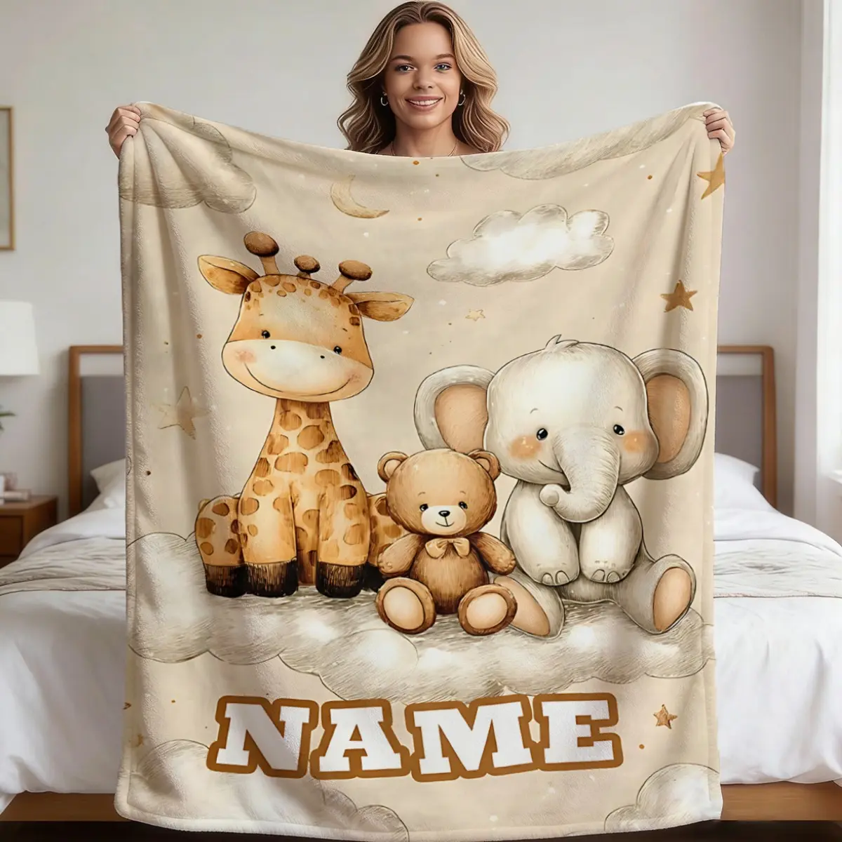 1pc Custom Name Giraffe and Elephant Pattern Jungle Animal Blanket, Soft and Lightweight All-Season Bedspread, Suitable for Bed, Sofa, Camping, Beige Bedding Gift with Name Printing