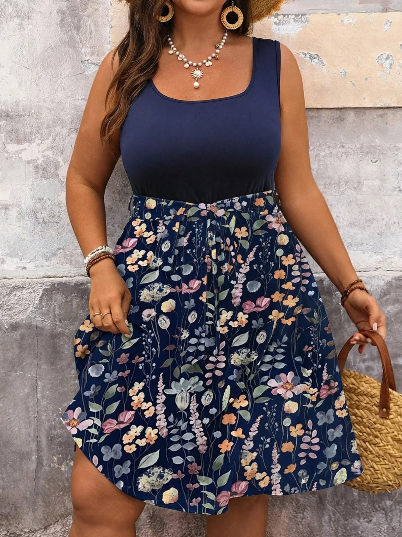 Plus Size Floral Patchwork Dress, Summer Women's Casual Wear Boho Bohemian Vacation Dress, Country Style Party Dress, Beach Dress for Ladies