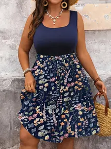 Plus Size Floral Patchwork Dress, Summer Women's Casual Vacation Dress, Country Style Party Dress, Beach Dress for Ladies