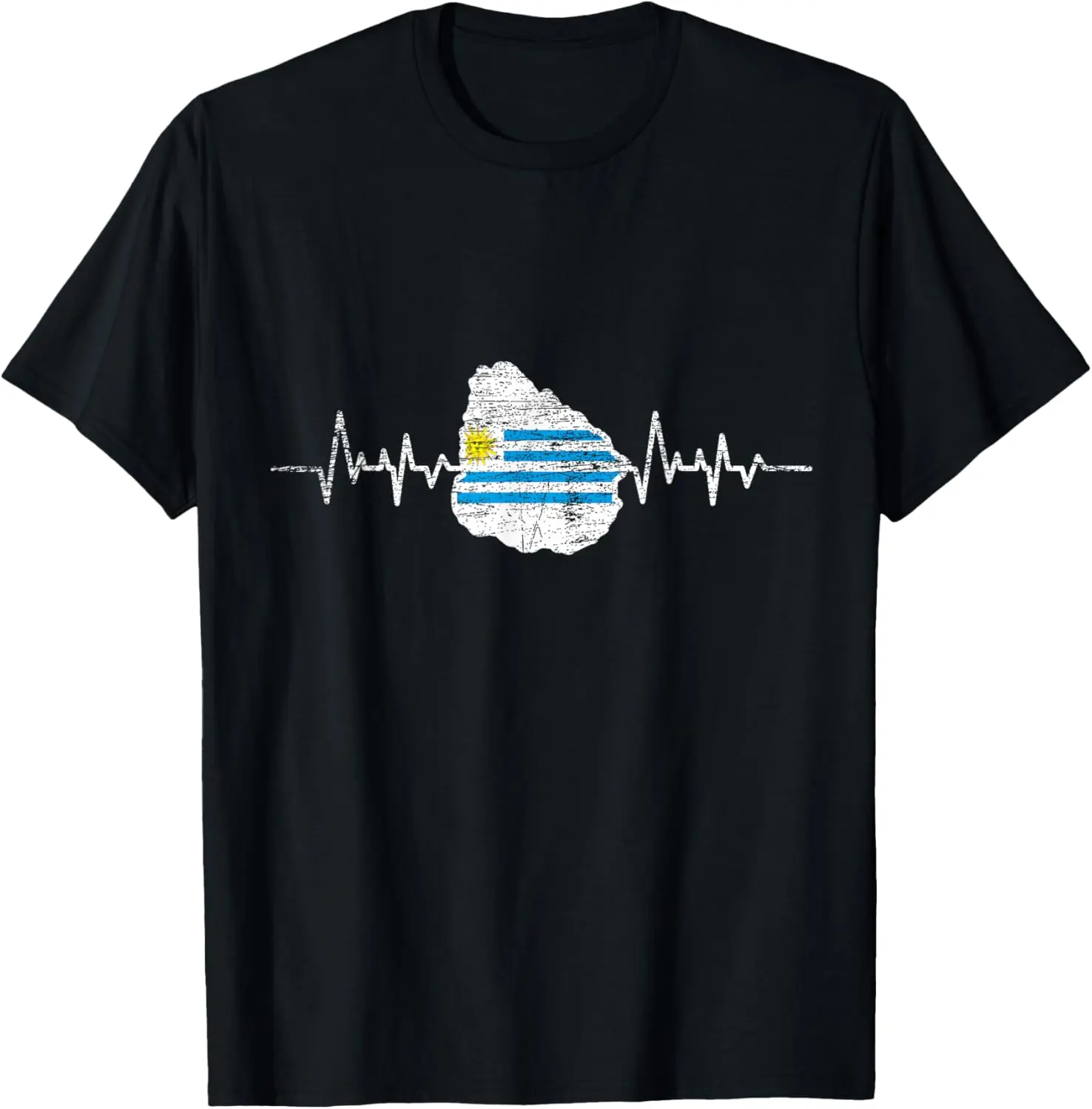 Women's 100% Cotton Vintage Casual Short-Sleeve Round Neck Distressed Graphic Tshirt - Patriotic Uruguay Heartbeat Flag Gift Top