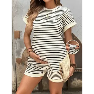 Women's Maternity Two-Piece Set - Striped Round Neck Top with Ribbed Detail & Adjustable Waist Shorts, Soft Casual Sportswear, Black White Color Block, Perfect for Attire, Clothe