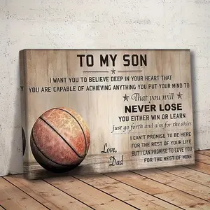 1pcs canvas painting with wood frame, ready to hang, basketball poster for my son poster motivational quotes wall art print perfect birthday gift from father to son for living room home decor